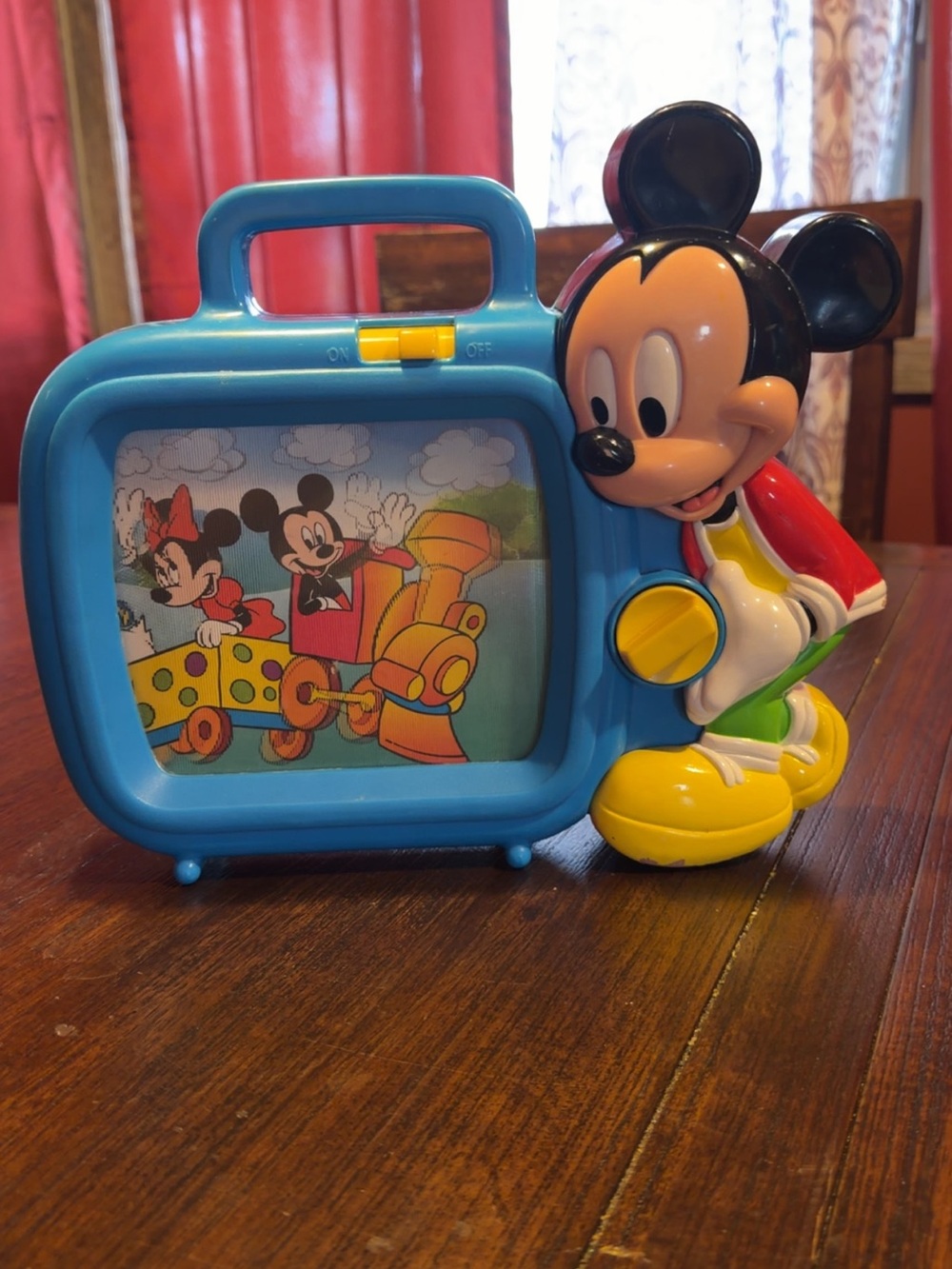 Vintage Disney Mickey Mouse Wind-up Musical Scrolling TV Blue WORKS!